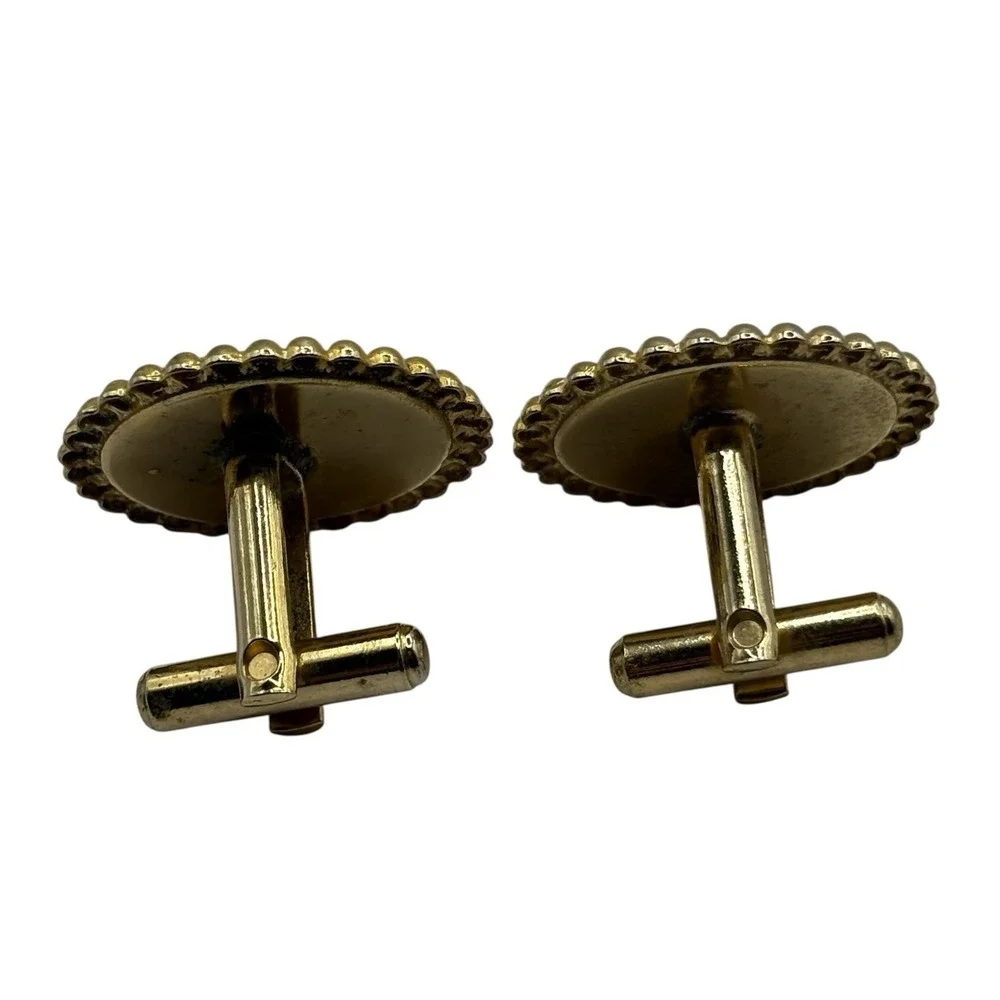 Fleur De Lis Cufflinks Vintage Black Enamel Round Ball‎ Metal Edges Gold Tone